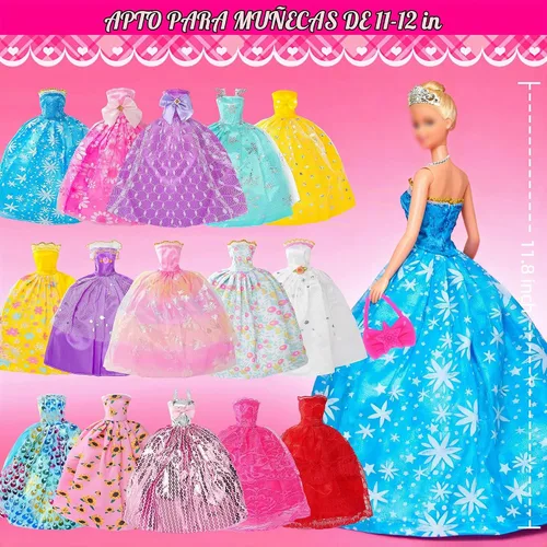 Vista 3 de 120 piezas de ropa y accesorios para muñecas, 5 vestidos, 21 vestidos