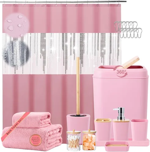 Vista 45 de Juego de accesorios de baño rosa con cortina de ducha y alfombras con purpurina, juegos de baño con alfombras de baño extrasuaves y absorbentes