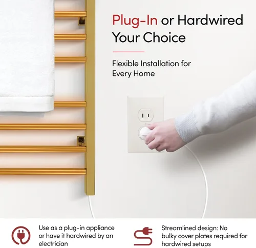 Vista 12 de WarmlyYours Toallero térmico para baño, calentador eléctrico de toallas y secadora de oro pulido, montado en la pared, enchufe o cableado de 120 V
