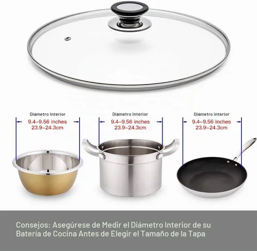Vista 4 de Tapa de vidrio para sartén, sartén, sartén y tapa de sartén con mango recubierto de anillo de silicona, 9.5 pulgadas, transparente