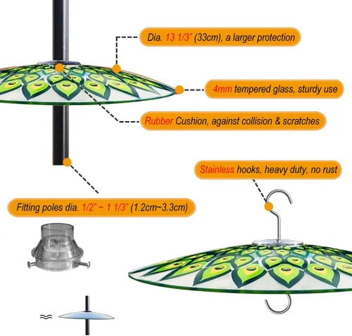 Vista 3 de 13" Large Glass Rain Cover for Bird Feeder, Peacock Weather Guard Dome