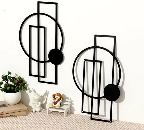 Vista 7 de OYEFLY 2 piezas de arte abstracto de metal para pared, decoración geométrica moderna (negro, estilo 1)