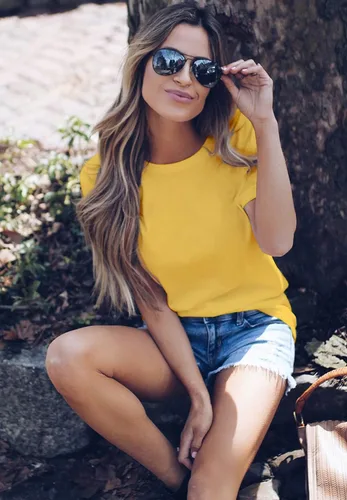 Vista 3 de LOVFEE Camisetas básicas de algodón con cuello redondo y manga corta para mujer