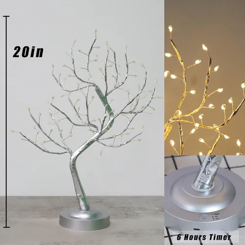 Vista 8 de Lámpara de mesa de árbol de hadas de color blanco cálido, árbol de Navidad con ramas iluminadas con luces brillantes, funciona