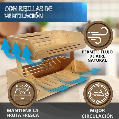 Vista 7 de Cesta de frutas de bambú de 2 niveles para encimera de cocina con ganchos para colgar plátanos, soporte de fruta de madera para encimera de cocina