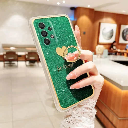 Vista 2 de Para Samsung Galaxy A52 5G Caso Lindas Niñas Mujeres Shell De Brillo De Lujo Con Anillo De Corazón Kickstand Cubierta Protectora A Prueba De Golpes