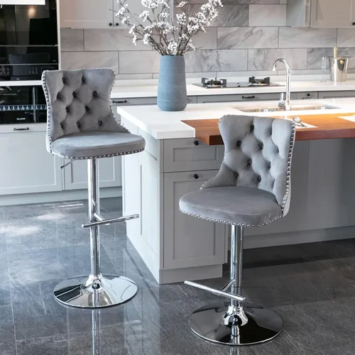 Vista 15 de Taburetes de bar giratorios de terciopelo ajustables para asiento de 25 a 33 pulgadas, modernos taburetes de bar tapizados con base cromada