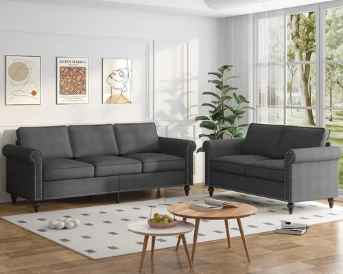 Vista 12 de Mjkone Juego de 2 Piezas para Sala de Estar, Sofás Seccionales, Juego de Sofá y Silla, Sofá Moderno de Lino con Marco de Madera y Patas