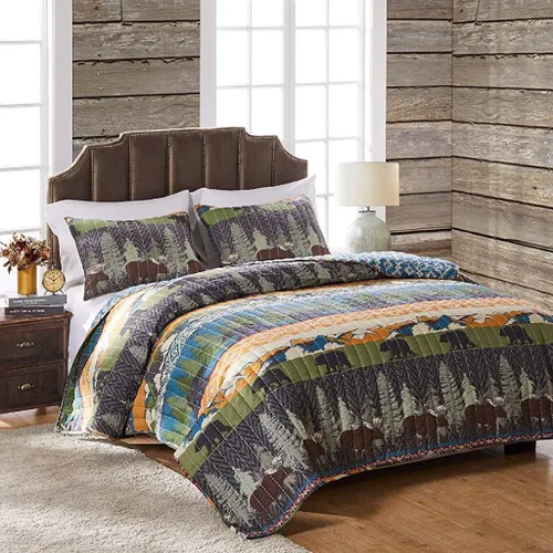 Vista 8 de Greenland Home juego de edredón con diseño de pinos y osos, negro, Algodón, Multicolor, gemelo