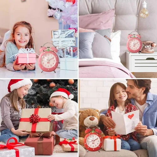 Vista 7 de Bonito reloj despertador de fresa de 4 pulgadas para personas que duermen con luz de fondo, reloj despertador de campana doble ruidosa para niños