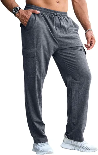 Vista 8 de CTU Pantalones deportivos holgados de moda para hombre, ligeros, para entrenamiento, pantalones deportivos con parte inferior abierta con bolsillos