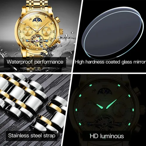 Vista 6 de OLEVS Reloj automático de lujo sin batería reloj de pulsera mecánico impermeable de acero inoxidable Tourbillon esqueleto de pulsera ajustable
