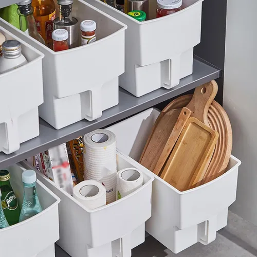 Vista 6 de Contenedores de almacenamiento para gabinete de cocina con asa, organizador apilable de plástico, organizador de almacenamiento de alimentos
