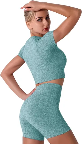 Vista 4 de Conjunto de yoga para mujer, sin costuras, pantalones cortos de ejercicio de cintura alta con brasier deportivo, 3 piezas, conjunto deportivo