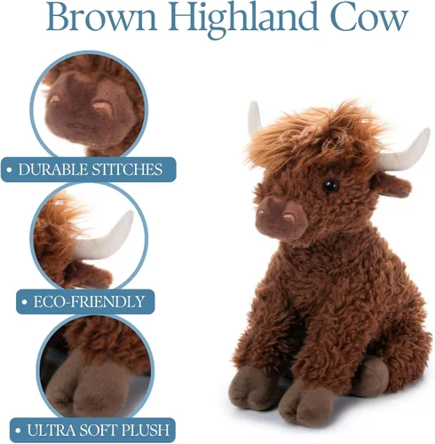 Vista 6 de The Petting Zoo Highland Cow - Peluche de vaca de peluche, regalos para niños, animales salvajes de la vida silvestre, vaca marrón, 12 pulgadas
