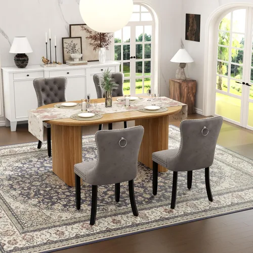 Vista 8 de Juego de mesa de comedor ovalada extensible con 4 sillas tapizadas de terciopelo de alta gama, mesa de cocina de 59 a 91 pulgadas y sillas