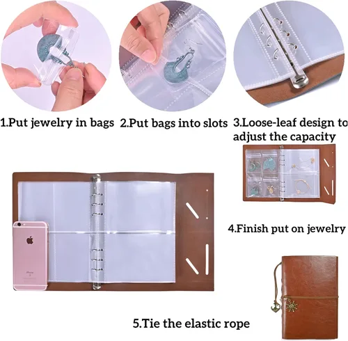 Vista 4 de WILLOWDALE Organizador de joyas de viaje de piel sintética con bolsillos y 60 bolsas de PVC antioxidación, organizador de aretes, estuche de viaje