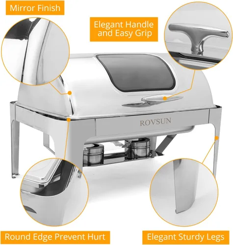 Vista 6 de ROVSUN Juego de 3 platos de bufé con tapa enrollable, 9 cuartos de galón de acero inoxidable NSF rectangular para catering, servidores de bufé