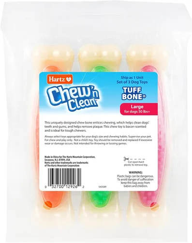 Vista 9 de Hartz Chew 'n Clean Tuff Bone - Juguete masticable resistente para perros, grande, paquete de 3 Varía
