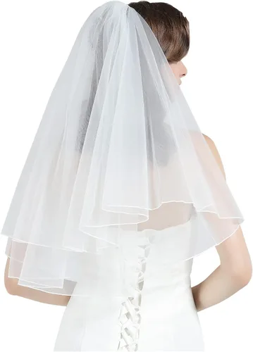 Vista 2 de Velo de novia de boda con peine de 2 niveles de corte de borde de codo de longitud de dedo blanco marfil