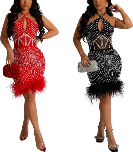 Vista 4 de PORRCEY Vestidos de noche para mujer, sexy, elegante, con diamantes de imitación, sin mangas, para fiesta, club, perforación en caliente
