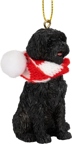 Vista 3 de Perro de agua portugués negro árbol de Navidad ornamento tela caramelo bastón bufanda