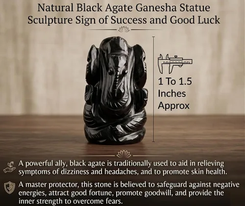 Vista 6 de Escultura de ganesha con piedra preciosa de ágata negra natural, signo de éxito y buena suerte.