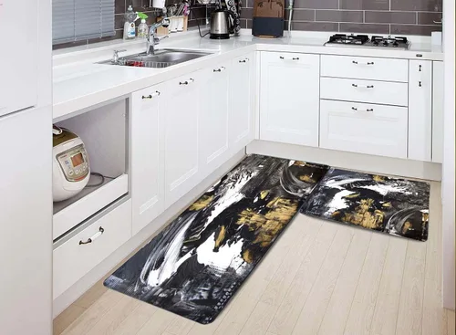Vista 7 de TOMWISH Juego de 2 alfombras negras para pasillo de cocina, dorado y blanco, antideslizante, acolchado, comodidad vintage, 17 x 48 pulgadas + 17 x