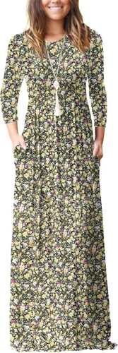 Vista 15 de GRECERELLE Vestido largo de manga larga para mujer, casual, cuello redondo, holgado, sólido floral, maxi largo con bolsillos, S-3XL A-Negro