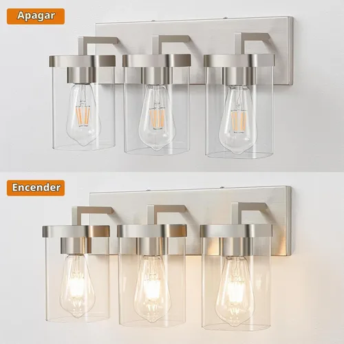 Vista 5 de Lámparas de baño de 3 luces sobre espejo, luces de tocador de níquel cepillado con pantalla cuadrada de vidrio transparente. Moderna lámpara