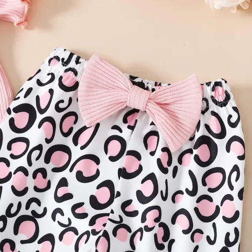 Vista 7 de Ropa de bebé recién nacida con volantes acanalados, sin mangas, parte superior + leopardorayasgirasoles pantalones acampanados, trajes de verano