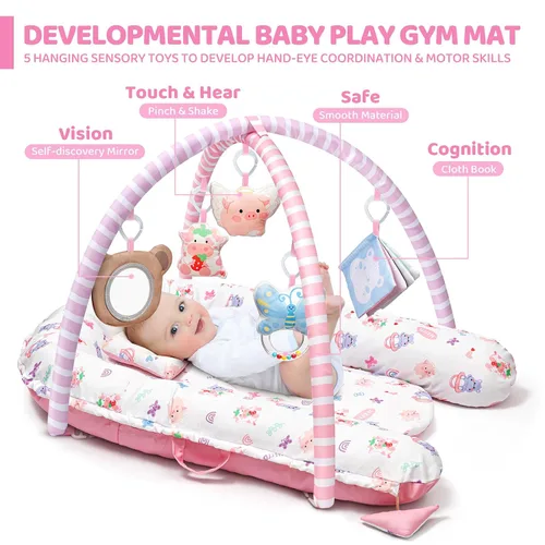 Vista 2 de Tapete de juego rosa para bebé, 7 en 1, tapete de gimnasio infantil para desarrollo sensorial y motor, lavable y portátil, tapete de actividad