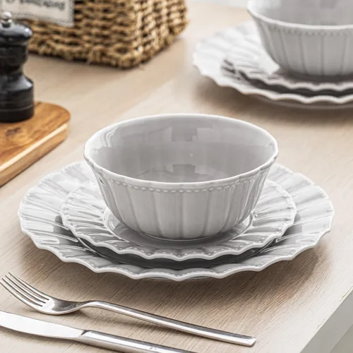 Vista 5 de HOMBENE Juego de vajilla, 12 piezas de platos y tazones para 4, juego de vajilla moderno de cerámica para fiesta, juego de vajilla de porcelana