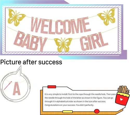 Vista 3 de Cartel de bienvenida para niña, decoración de fiesta de baby shower con temática de mariposa, letrero de "It's a Girl", suministros para fiesta