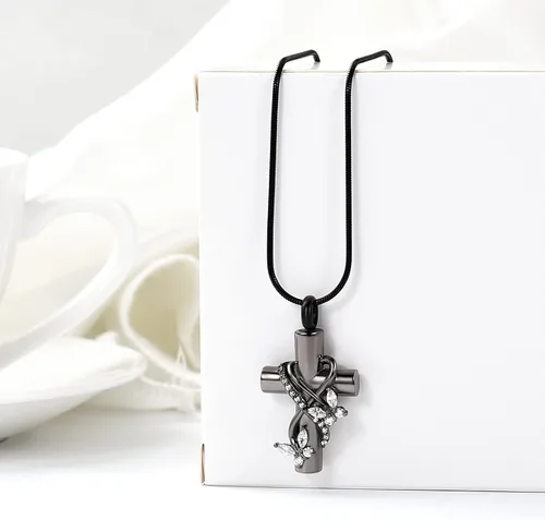 Vista 2 de Collares de urna para cenizas, joyería de cremación de mariposa para cenizas para cruz humana con mariposa de cristal, colgante de ceniza, recuerdo