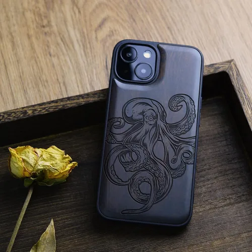 Vista 4 de Carveit Funda magnética de madera para iPhone 13 Mini [madera natural y TPU suave negro] funda protectora de madera única y elegante a prueba
