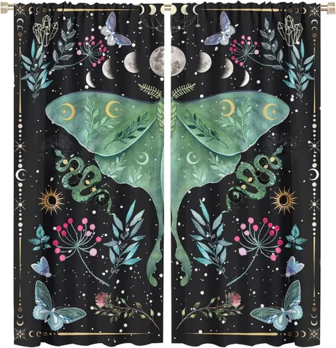 Vista 48 de Cortinas de mariposa de fantasía, polilla, sol, luna, estrella, arte floral, estampado floral, bolsillo para barra, cortinas opacas para ventana
