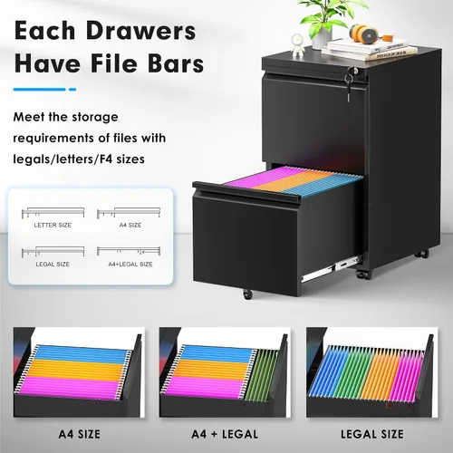 Vista 5 de Pataku Archivador de 2 cajones, archivadores pequeños con cerradura, archivador de metal con 2 cajones, archivadores para oficina en casa