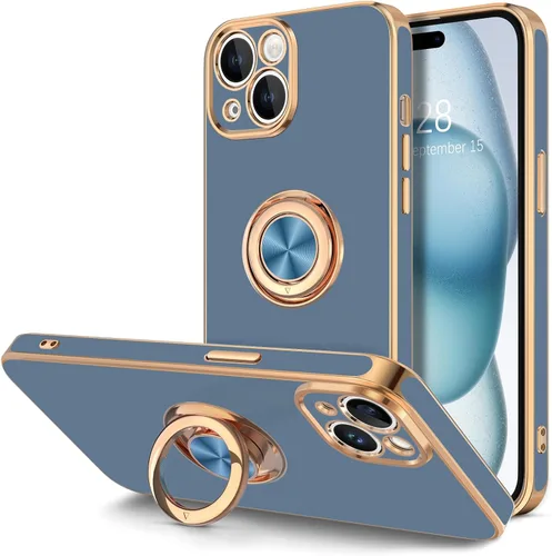 Vista 24 de Hython Funda para iPhone 15 con Soporte de Anillo, Soporte de Anillo Giratorio de 360° Soporte Magnético, Borde Chapado en Oro Rosa Cubierta Suave