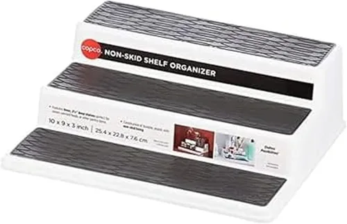 Vista 8 de Copco Organizador de especias antideslizante de 3 niveles para armario de cocina o despensa, estante escalonado de 15 pulgadas, blanco/gris, diseño