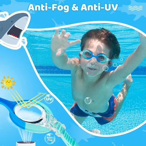 Vista 3 de Vvinca Gafas de natación para niños con correa de tela, sin enredos, sin dolor, antivaho para piscina, sin fugas, para niños y niñas