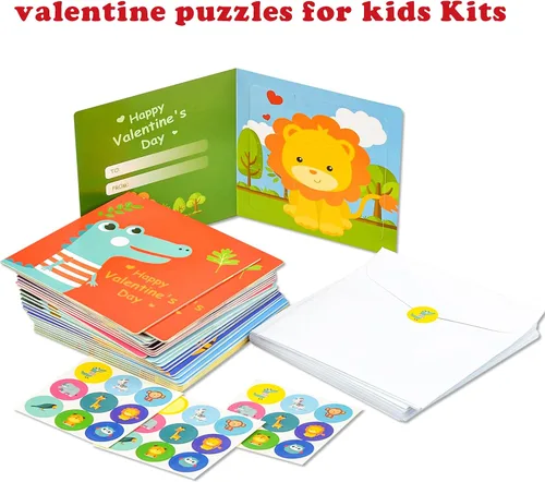Vista 8 de Tarjetas de rompecabezas para el día de San Valentín para niños, paquete de 27 tarjetas de rompecabezas de animales con sobres y calcomanías a