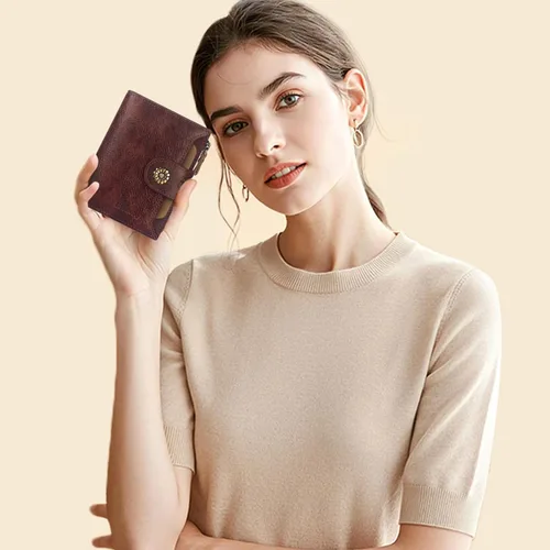 Vista 2 de Cartera de cuero con doble pliegue para mujer, bloqueo RFID, tarjetero compacto, cartera pequeña con ventana para identificación extraíble, Retro
