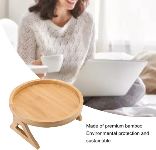 Vista 5 de Bandeja de aperitivos para sofá, textura de madera, bandeja para reposabrazos de sofá, mesa de brazo plegable con clip para aperitivos de café y té