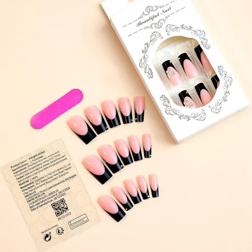Vista 6 de 24 uñas postizas a presión de punta francesa negra, uñas postizas largas cuadradas, color rosa, cobertura completa, con diamantes de imitación, L1.