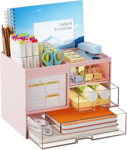 Vista 11 de Marbrasse Organizador de Escritorio con 3 Cajones, Soporte Multifuncional para Lápices y Bolígrafos para Escritorio, Organizador de Escritorio