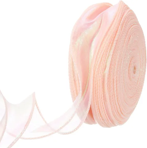 Vista 83 de MECCANIXITY - Cinta de organza con cable de 1 1/2" de ancho, brillante, transparente, con brillo irisado en tonos pastel, cinta de gasa para Beige