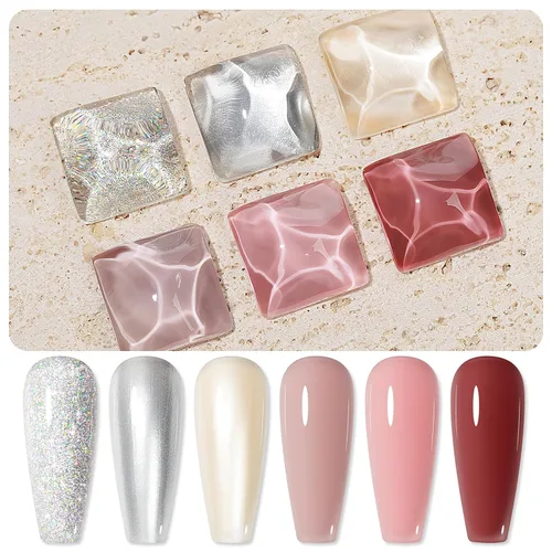 Vista 8 de Juego de esmaltes de uñas regulares de secado rápido, 6 colores plateados con purpurina metálica y esmalte de uñas de gelatina rosa y rojo nude