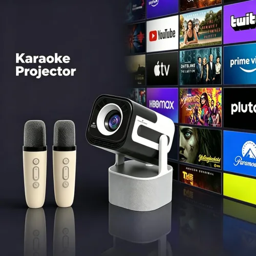 Vista 2 de Proyector portátil KTV JY320, mini proyector compatible con 4K con 2 micrófonos inalámbricos, WiFi6, Bluetooth, giratorio de 180°, proyector de cine