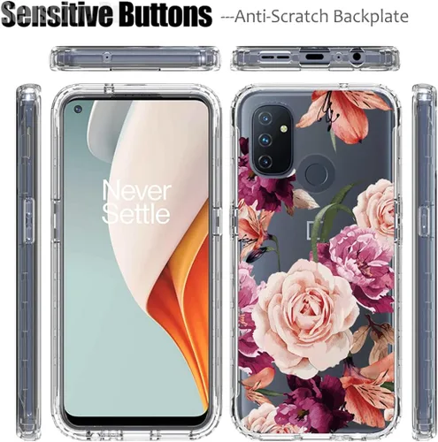 Vista 5 de Funda para OnePlus Nord N100 BE2013 con protector de pantalla de vidrio templado, lindo patrón floral transparente de cuerpo completo protector